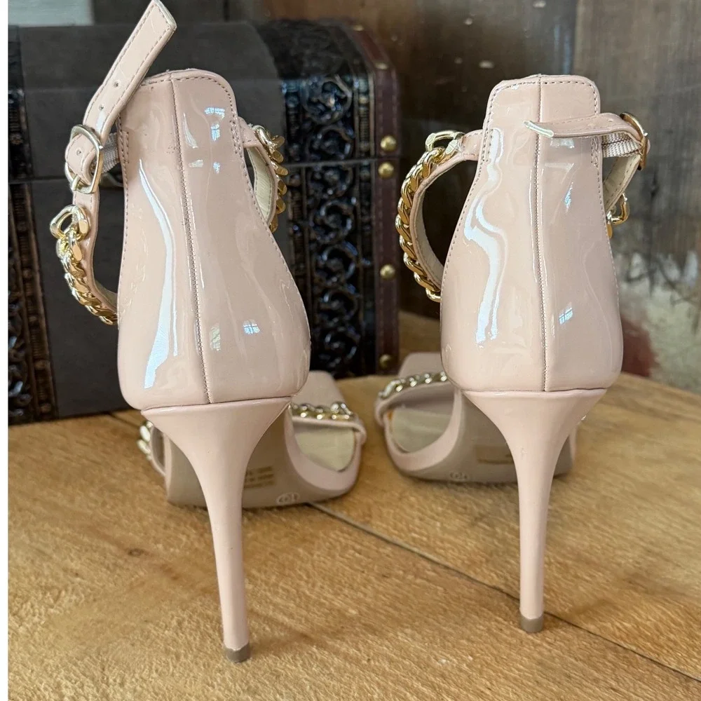 Fashion Nova Nude Patent Chain Heels Size 10 Strappy Stiletto Sandals Club Party